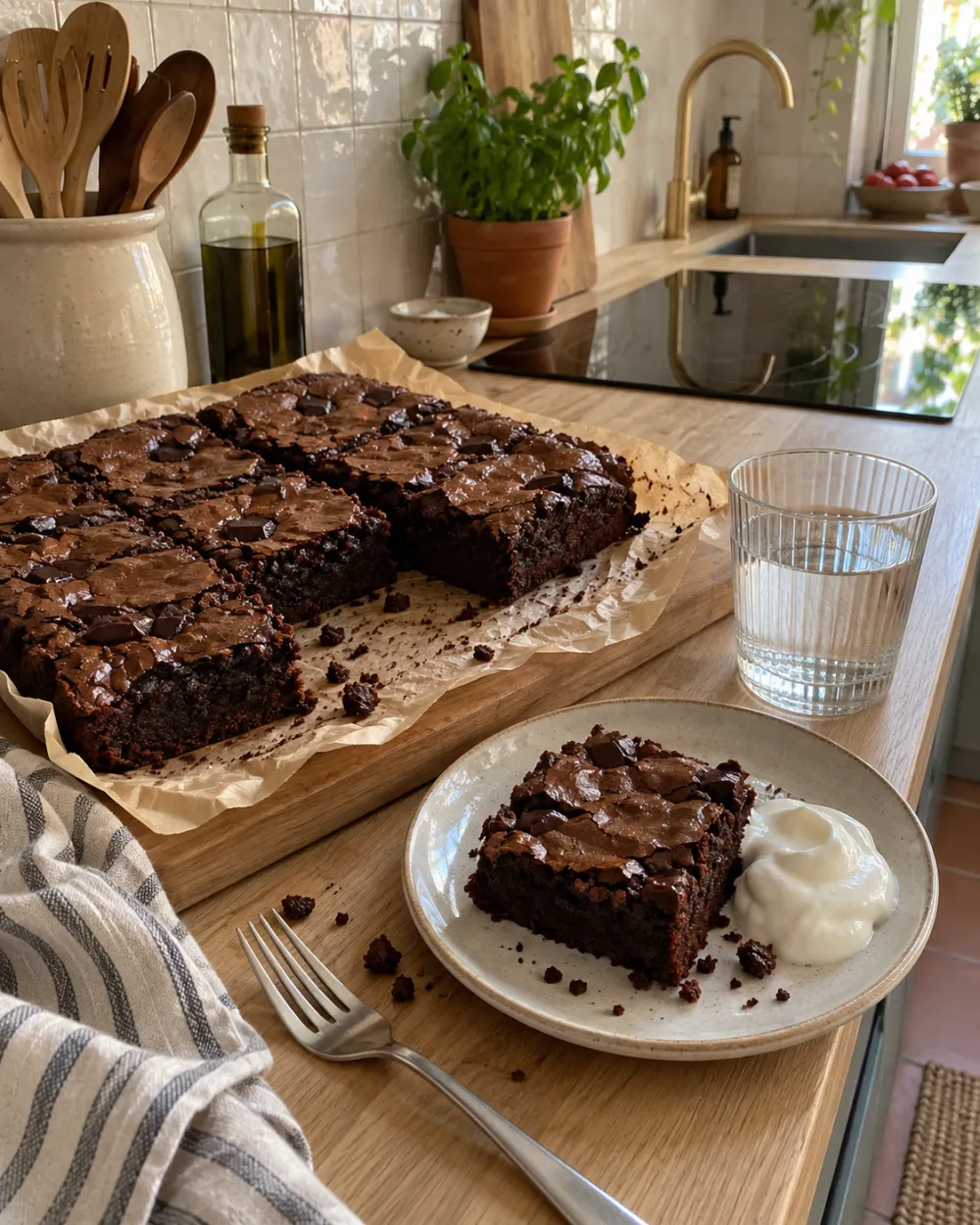 Brownie casero cortado en cuadrados con chocolate fundido por encima