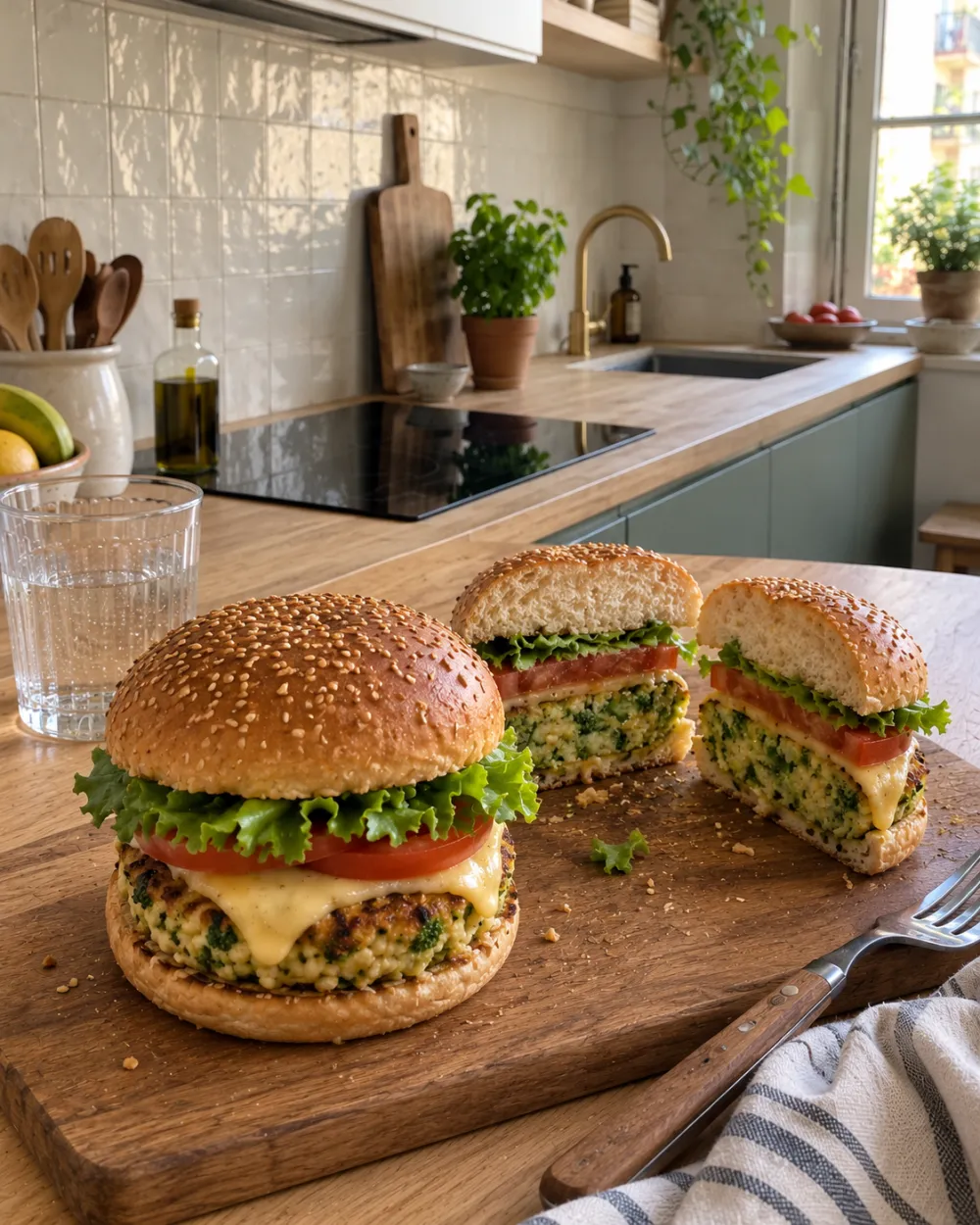 Hamburguesa de brócoli con queso fundido, lechuga y tomate en pan tostado