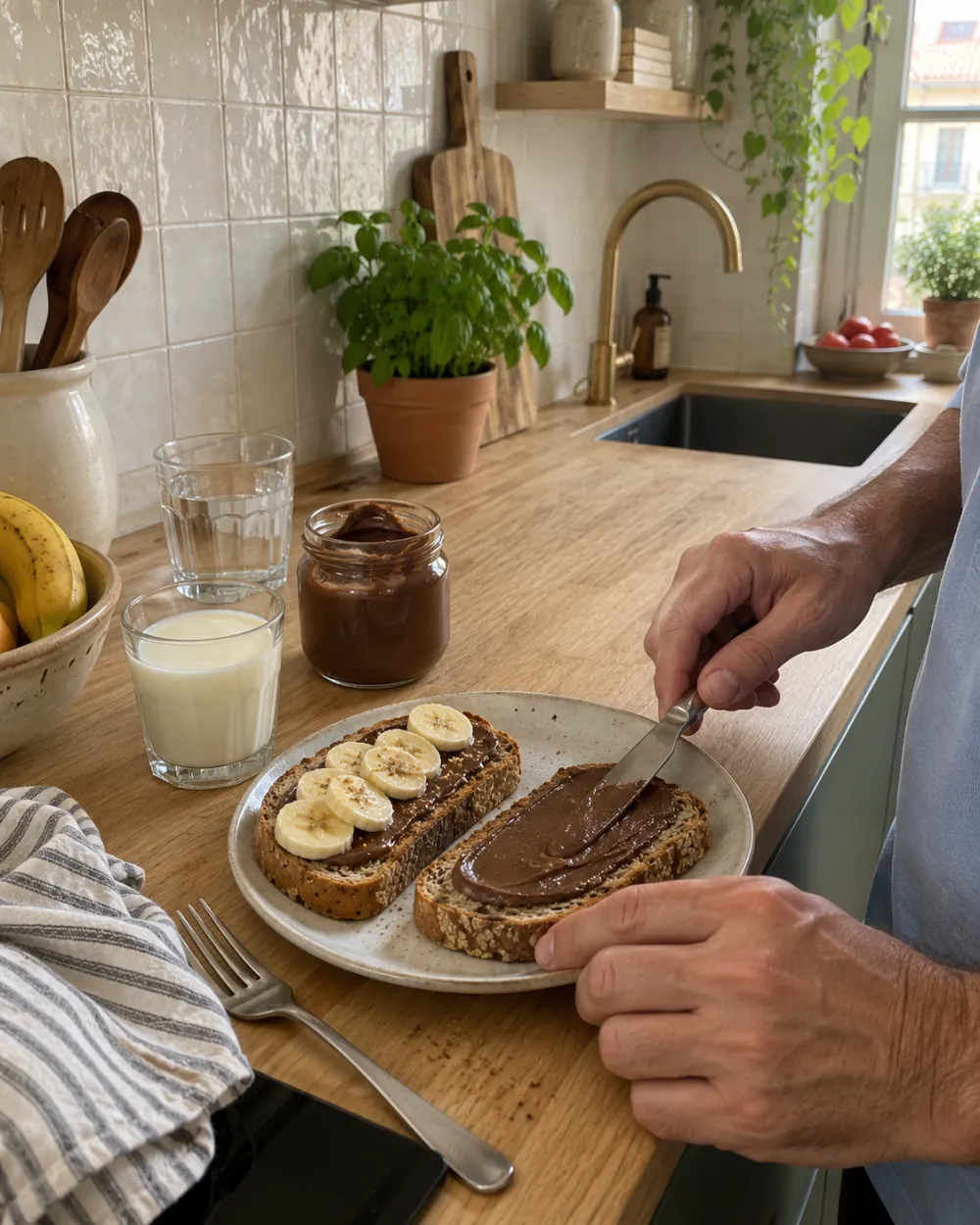 Crema de cacao brillante untada en tostadas de pan integral con plátano
