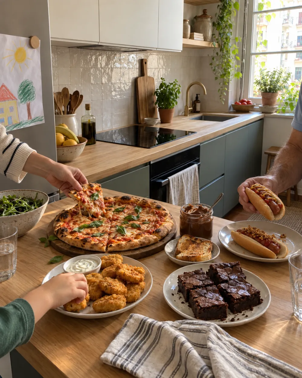 Mesa de cocina con pizza, nuggets, perritos, brownie y crema de cacao caseros