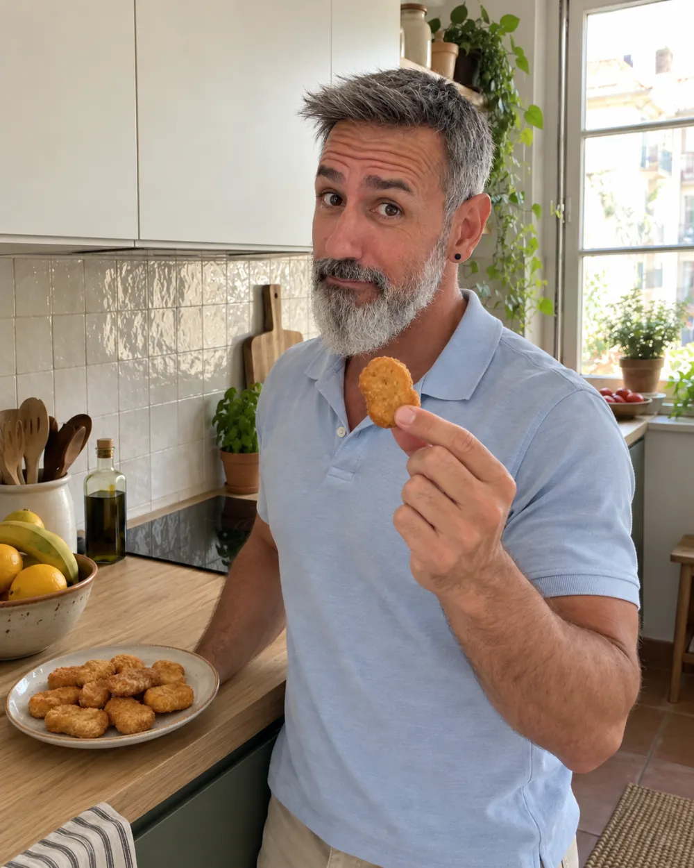 Jonathan Aguilar en su cocina con un nugget casero en la mano