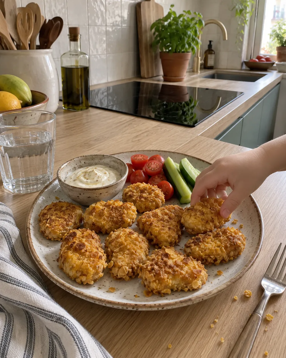 Nuggets caseros dorados y crujientes con salsa de yogur y mostaza