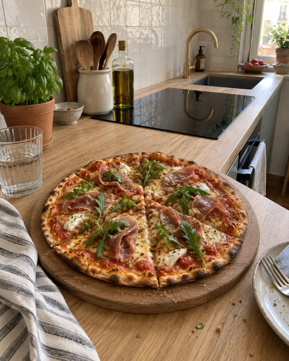 Pizza casera de base fina y dorada con mozzarella, jamón serrano y rúcula