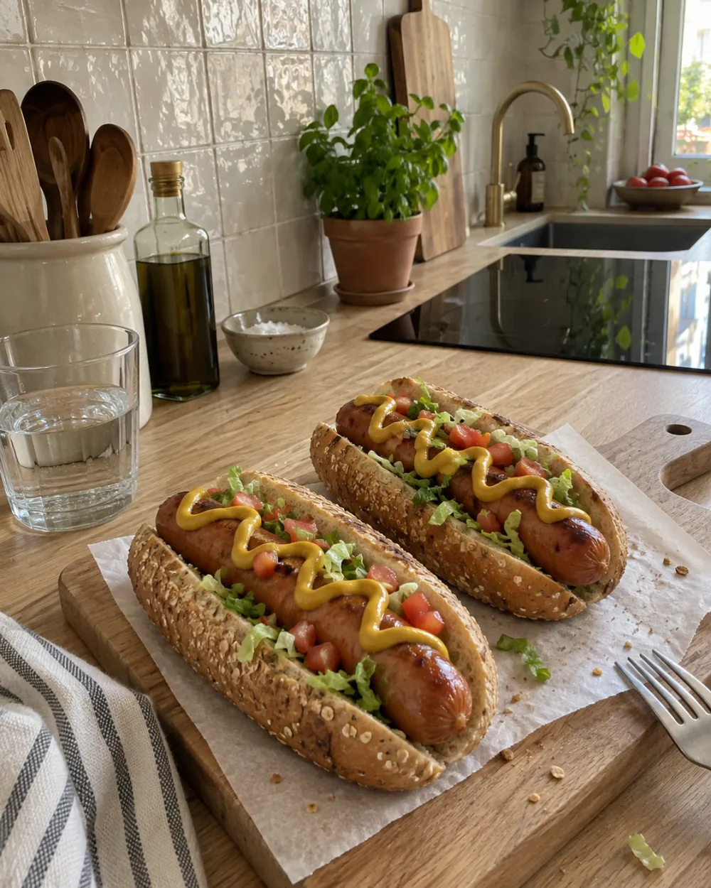 2 perritos con salchicha casera dorada, mostaza, lechuga y tomate